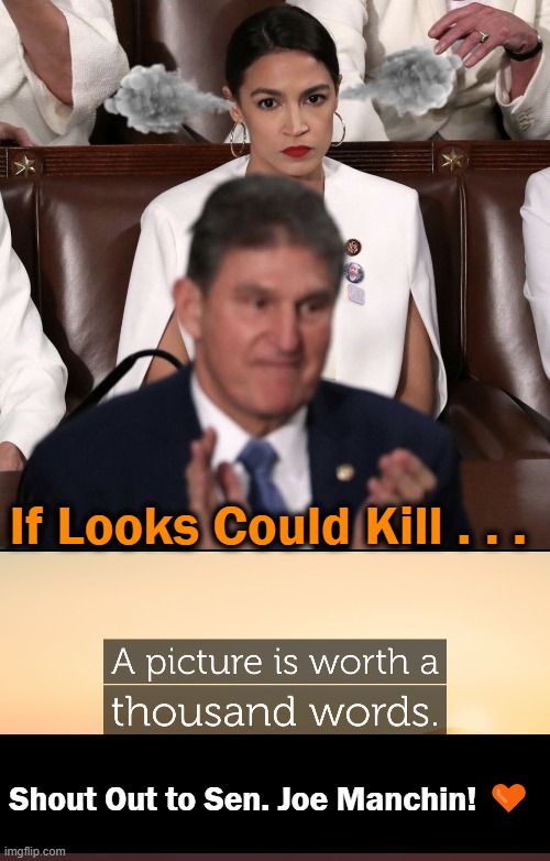 A Democrat With a Brain & I don't mean AOC! | If Looks Could Kill . . . Shout Out to Sen. Joe Manchin! 🧡 | image tagged in politics,senator joe manchin,crazy aoc,voted against bbb,thumbs up,political humor | made w/ Imgflip meme maker