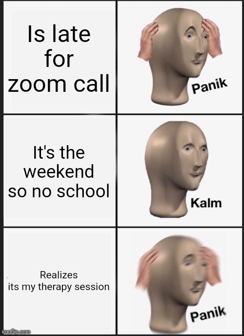 Zoom | Is late for zoom call; It's the weekend so no school; Realizes its my therapy session | image tagged in memes,panik kalm panik | made w/ Imgflip meme maker