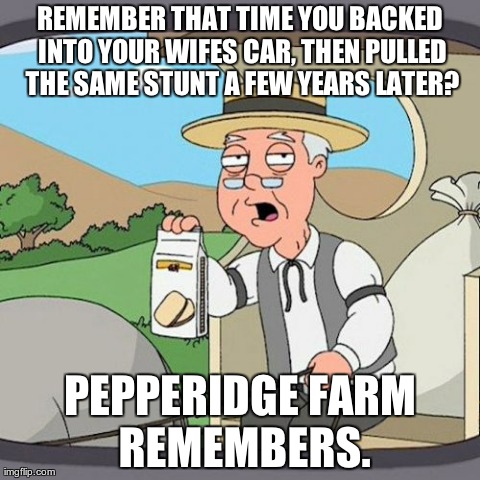 Pepperidge Farm Remembers Meme | REMEMBER THAT TIME YOU BACKED INTO YOUR WIFES CAR, THEN PULLED THE SAME STUNT A FEW YEARS LATER? PEPPERIDGE FARM REMEMBERS. | image tagged in memes,pepperidge farm remembers | made w/ Imgflip meme maker