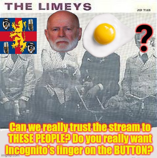 Votes out for monkee | ? Can we really trust the stream to
 THESE PEOPLE? Do you really want 
Incognito's finger on the BUTTON? | image tagged in political,propaganda,can you really trust,incognito | made w/ Imgflip meme maker