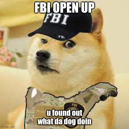 what da dog doin | FBI OPEN UP; u found out what da dog doin | image tagged in fbi | made w/ Imgflip meme maker