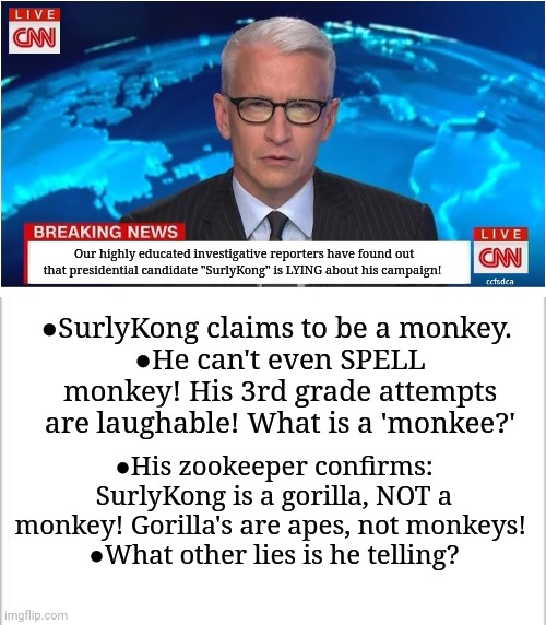 FaqutChecj.com/CNN/DNC/ChineseGov | ●SurlyKong claims to be a monkey. 
●He can't even SPELL monkey! His 3rd grade attempts are laughable! What is a 'monkee?'; Our highly educated investigative reporters have found out that presidential candidate "SurlyKong" is LYING about his campaign! ●His zookeeper confirms: SurlyKong is a gorilla, NOT a monkey! Gorilla's are apes, not monkeys! 
●What other lies is he telling? | image tagged in cnn breaking news anderson cooper,white background,political,propaganda | made w/ Imgflip meme maker