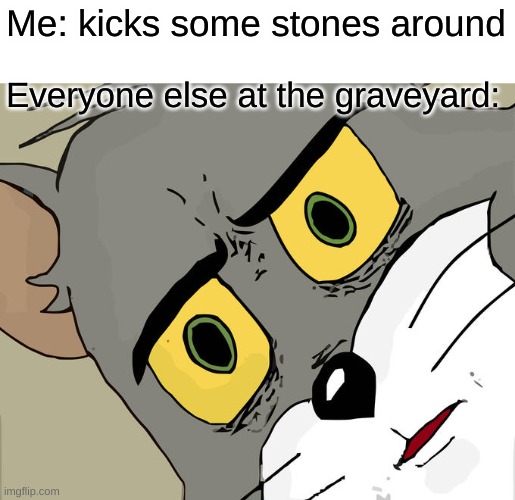 MEME Name | Me: kicks some stones around; Everyone else at the graveyard: | image tagged in memes,unsettled tom,fun,ur mom,funny | made w/ Imgflip meme maker