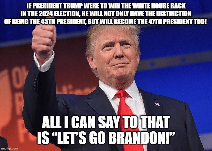 donald trump | IF PRESIDENT TRUMP WERE TO WIN THE WHITE HOUSE BACK IN THE 2024 ELECTION, HE WILL NOT ONLY HAVE THE DISTINCTION OF BEING THE 45TH PRESIDENT, BUT WILL BECOME THE 47TH PRESIDENT TOO! ALL I CAN SAY TO THAT IS “LET’S GO BRANDON!” | image tagged in donald trump | made w/ Imgflip meme maker