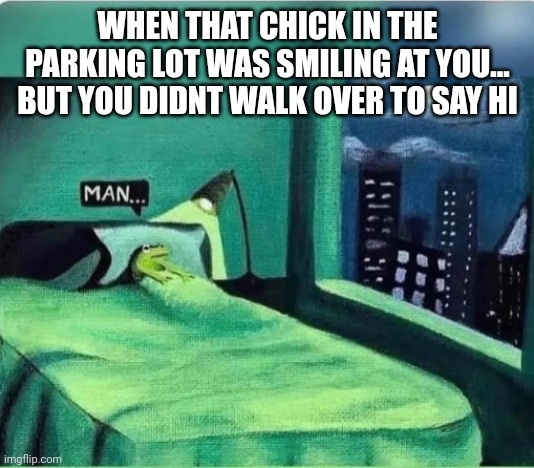 WHEN THAT CHICK IN THE PARKING LOT WAS SMILING AT YOU...
BUT YOU DIDNT WALK OVER TO SAY HI | image tagged in funny memes | made w/ Imgflip meme maker
