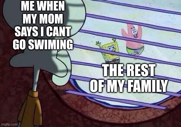 sad feelings | ME WHEN MY MOM SAYS I CANT GO SWIMING; THE REST OF MY FAMILY | image tagged in squidward window,so sad,funny | made w/ Imgflip meme maker