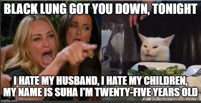 woman yelling at cat without white top | BLACK LUNG GOT YOU DOWN, TONIGHT; I HATE MY HUSBAND, I HATE MY CHILDREN, MY NAME IS SUHA I'M TWENTY-FIVE YEARS OLD | image tagged in woman yelling at cat without white top | made w/ Imgflip meme maker