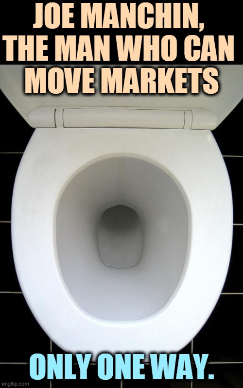 Joe Manchin, This Bud's For You. | JOE MANCHIN, 
THE MAN WHO CAN 
MOVE MARKETS; ONLY ONE WAY. | image tagged in toilet,joe manchin,move,stocks | made w/ Imgflip meme maker