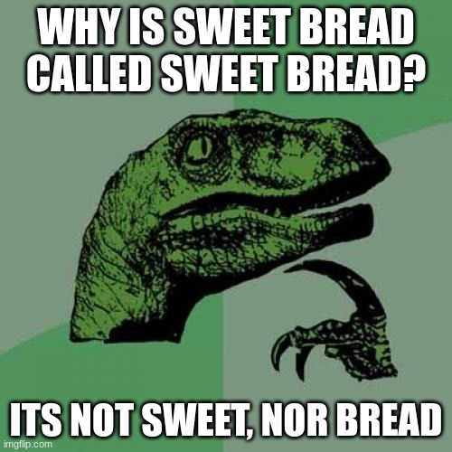 Philosoraptor | WHY IS SWEET BREAD CALLED SWEET BREAD? ITS NOT SWEET, NOR BREAD | image tagged in memes,philosoraptor | made w/ Imgflip meme maker