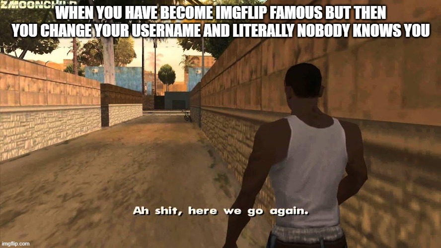 gotta get well known again | WHEN YOU HAVE BECOME IMGFLIP FAMOUS BUT THEN YOU CHANGE YOUR USERNAME AND LITERALLY NOBODY KNOWS YOU | image tagged in here we go again | made w/ Imgflip meme maker