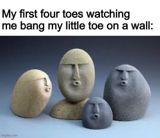 my fourth meme here | My first four toes watching me bang my little toe on a wall: | image tagged in oof rocks,funny,memes,funny memes,barney will eat all of your delectable biscuits,toe | made w/ Imgflip meme maker