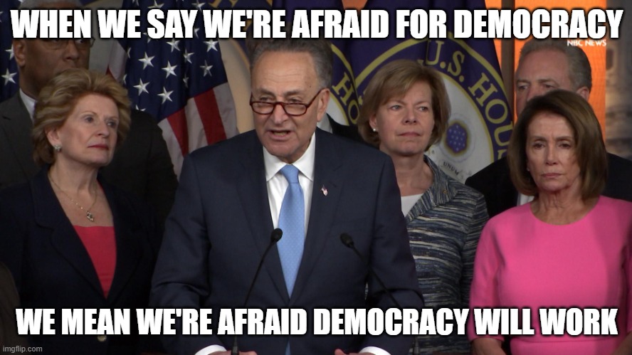 Democrat congressmen | WHEN WE SAY WE'RE AFRAID FOR DEMOCRACY; WE MEAN WE'RE AFRAID DEMOCRACY WILL WORK | image tagged in democrat congressmen | made w/ Imgflip meme maker