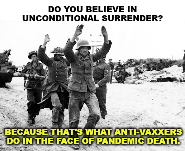 It's God's will? What if he's having a bad day when your number comes up? | DO YOU BELIEVE IN UNCONDITIONAL SURRENDER? BECAUSE THAT'S WHAT ANTI-VAXXERS DO IN THE FACE OF PANDEMIC DEATH. | image tagged in covid-19,death,anti vax,surrender | made w/ Imgflip meme maker
