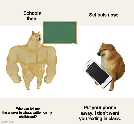 School then vs. school now | Schools then:; Schools now:; Who can tell me the answer to what's written on my 
chalkboard? Put your phone away. I don't want you texting in class. | image tagged in buff doge vs crying cheems,school | made w/ Imgflip meme maker