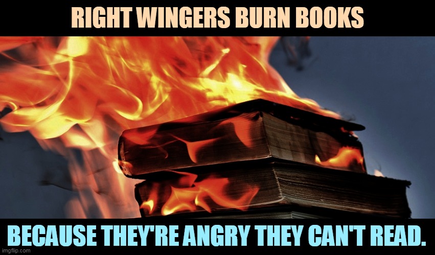 RIGHT WINGERS BURN BOOKS; BECAUSE THEY'RE ANGRY THEY CAN'T READ. | image tagged in right wing,burn,books,hate,education | made w/ Imgflip meme maker