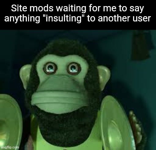 Toy Story Monkey | Site mods waiting for me to say anything "insulting" to another user | image tagged in toy story monkey | made w/ Imgflip meme maker