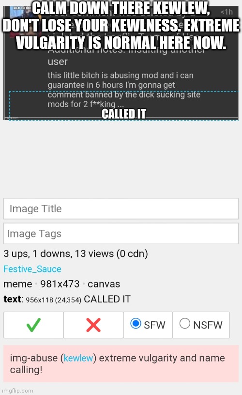 CALM DOWN THERE KEWLEW, DON'T LOSE YOUR KEWLNESS. EXTREME VULGARITY IS NORMAL HERE NOW. | made w/ Imgflip meme maker
