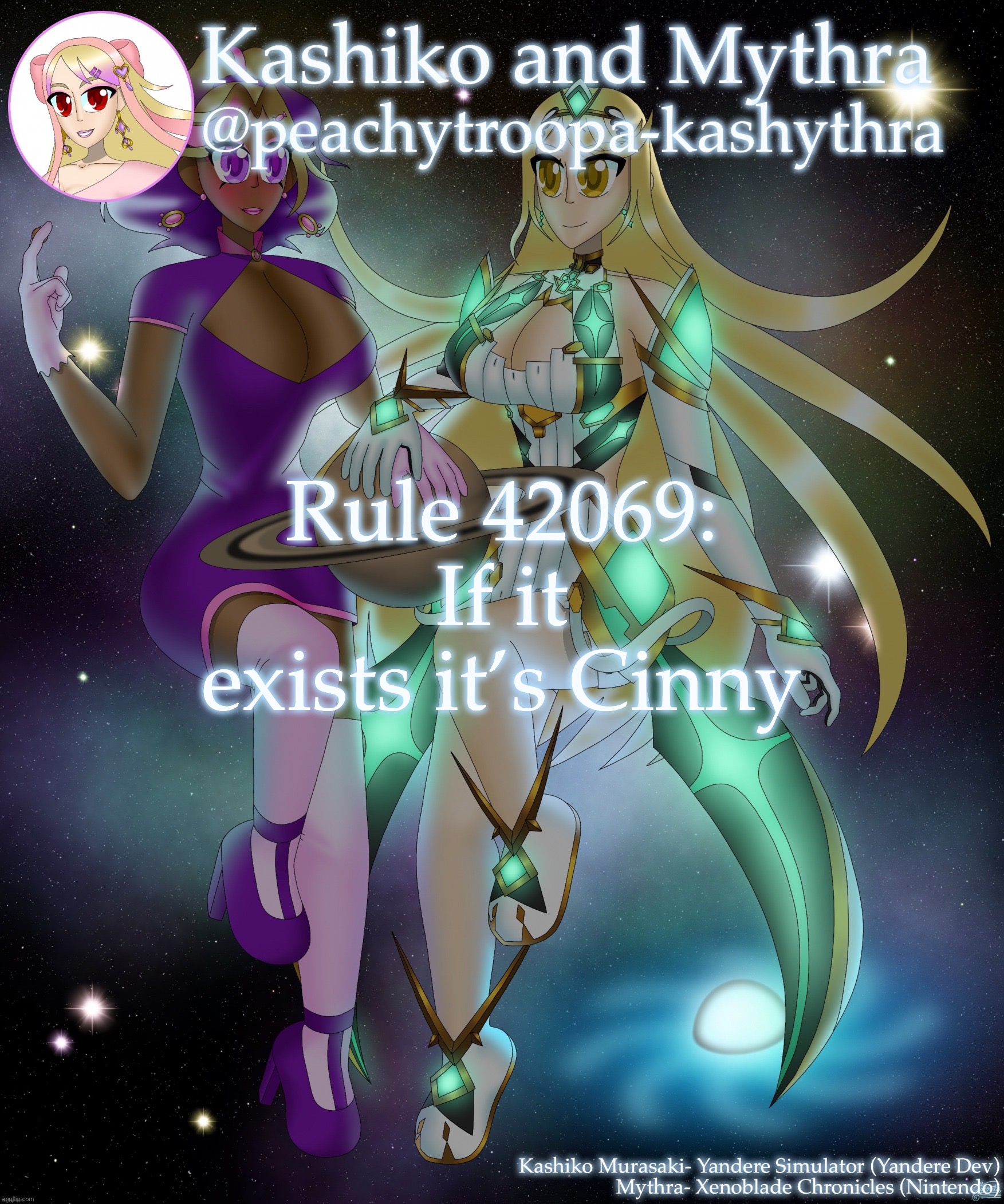 Kashiko Murasaki and Mythra | Rule 42069: If it exists it’s Cinny | image tagged in kashiko murasaki and mythra | made w/ Imgflip meme maker