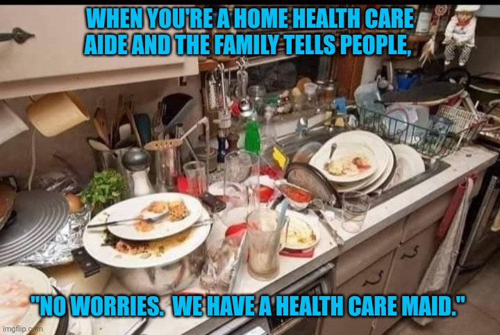 Health Care |  WHEN YOU'RE A HOME HEALTH CARE AIDE AND THE FAMILY TELLS PEOPLE, "NO WORRIES.  WE HAVE A HEALTH CARE MAID." | image tagged in health care,nurses | made w/ Imgflip meme maker