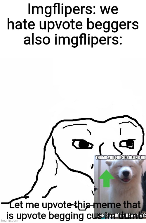 Why do people keep failing for that | Imgflipers: we hate upvote beggers also imgflipers:; Let me upvote this meme that is upvote begging cus im dumb | image tagged in brainless,memes,imgflip,upvote begging | made w/ Imgflip meme maker