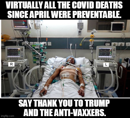 Trump has killed more Americans than Ho Chi Minh. | VIRTUALLY ALL THE COVID DEATHS 
SINCE APRIL WERE PREVENTABLE. SAY THANK YOU TO TRUMP 
AND THE ANTI-VAXXERS. | image tagged in covid-19,american,deaths,trump,anti vax,idiots | made w/ Imgflip meme maker