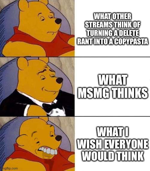 Let’s start listening to the rant and better ourselves instead of making a joke of it | WHAT OTHER STREAMS THINK OF TURNING A DELETE RANT INTO A COPYPASTA; WHAT MSMG THINKS; WHAT I WISH EVERYONE WOULD THINK | image tagged in best better blurst | made w/ Imgflip meme maker