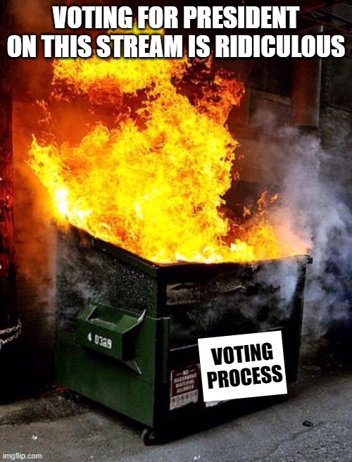 WTH is up with the #?@$ process? | VOTING FOR PRESIDENT ON THIS STREAM IS RIDICULOUS; VOTING
PROCESS | image tagged in dumpster fire | made w/ Imgflip meme maker