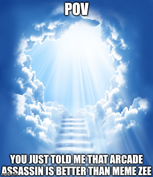 A VERY Political Statement | POV; YOU JUST TOLD ME THAT ARCADE ASSASSIN IS BETTER THAN MEME ZEE | image tagged in heaven | made w/ Imgflip meme maker