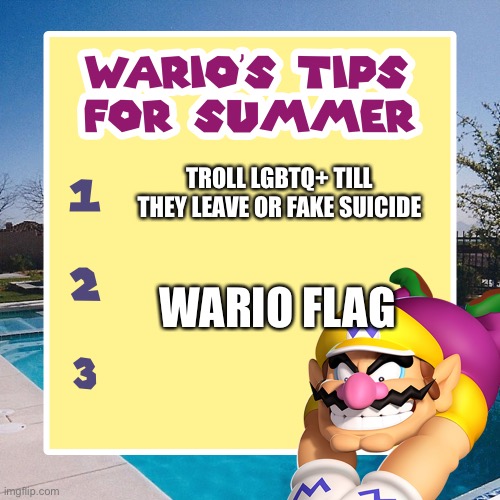 warios tips for summer | TROLL LGBTQ+ TILL THEY LEAVE OR FAKE SUICIDE WARIO FLAG | image tagged in warios tips for summer | made w/ Imgflip meme maker