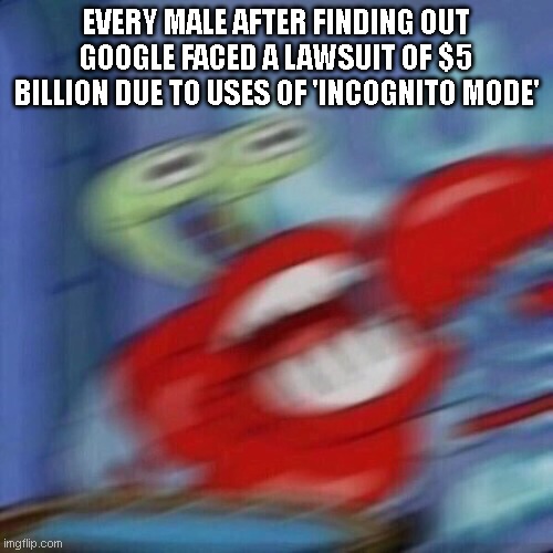 :/ | EVERY MALE AFTER FINDING OUT GOOGLE FACED A LAWSUIT OF $5 BILLION DUE TO USES OF 'INCOGNITO MODE' | image tagged in mr krabs blur meme | made w/ Imgflip meme maker