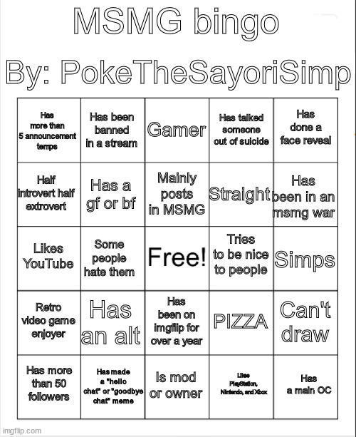 MSMG bingo by poke Blank Meme Template