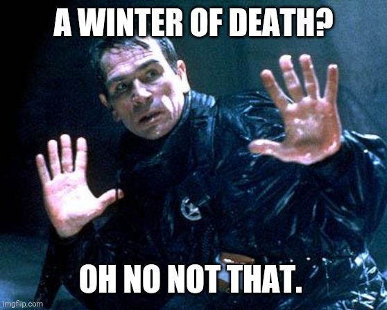 I'm still waiting for the dark winter from last year. | A WINTER OF DEATH? OH NO NOT THAT. | image tagged in tommy lee jones the fugitive | made w/ Imgflip meme maker