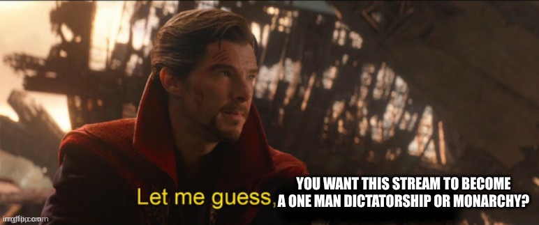 Dr Strange let me guess 2 | YOU WANT THIS STREAM TO BECOME A ONE MAN DICTATORSHIP OR MONARCHY? | image tagged in dr strange let me guess 2 | made w/ Imgflip meme maker