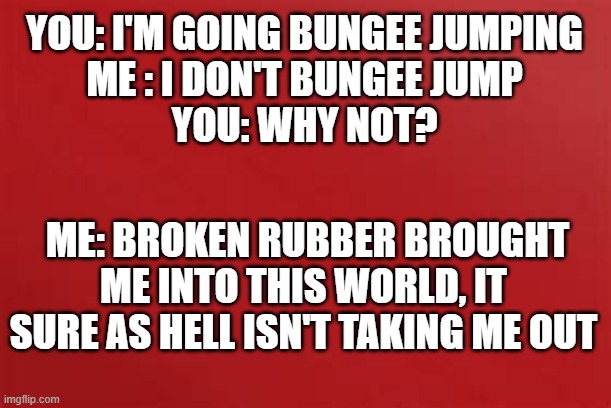 YOU: I'M GOING BUNGEE JUMPING
ME : I DON'T BUNGEE JUMP
YOU: WHY NOT? ME: BROKEN RUBBER BROUGHT ME INTO THIS WORLD, IT SURE AS HELL ISN'T TAKING ME OUT | image tagged in funny | made w/ Imgflip meme maker