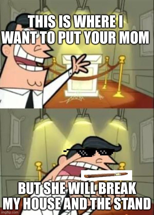 This Is Where I'd Put My Trophy If I Had One Meme | THIS IS WHERE I WANT TO PUT YOUR MOM; BUT SHE WILL BREAK MY HOUSE AND THE STAND | image tagged in memes,this is where i'd put my trophy if i had one | made w/ Imgflip meme maker