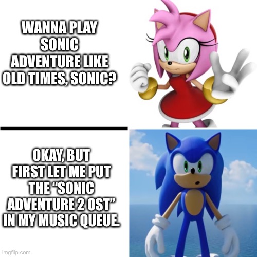 Music Always Comes With A Video Game | WANNA PLAY SONIC ADVENTURE LIKE OLD TIMES, SONIC? OKAY, BUT FIRST LET ME PUT THE “SONIC ADVENTURE 2 OST” IN MY MUSIC QUEUE. | image tagged in funny memes,sonic the hedgehog,sonic adventure 2,music | made w/ Imgflip meme maker