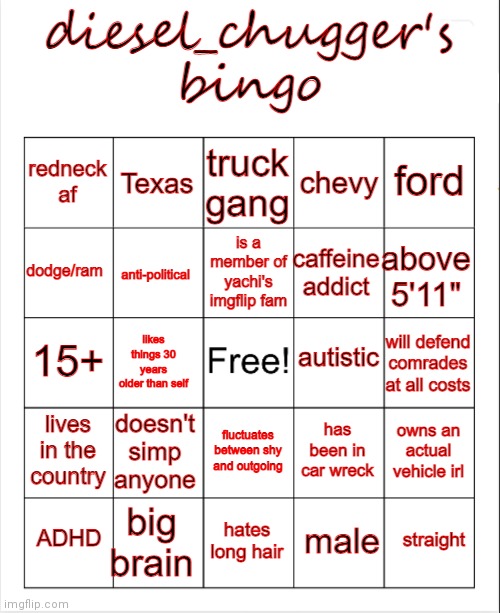 diesel chugger's bingo | image tagged in diesel chugger's bingo | made w/ Imgflip meme maker
