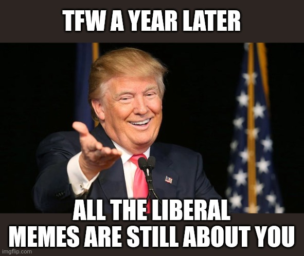 cope | TFW A YEAR LATER; ALL THE LIBERAL MEMES ARE STILL ABOUT YOU | image tagged in happy trump,stupid liberals,triggered liberal,politics lol | made w/ Imgflip meme maker