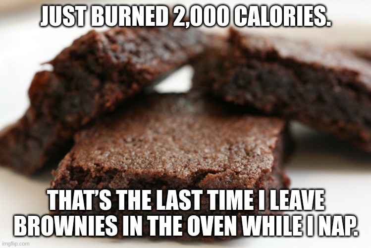 brownie | JUST BURNED 2,000 CALORIES. THAT’S THE LAST TIME I LEAVE BROWNIES IN THE OVEN WHILE I NAP. | image tagged in brownie | made w/ Imgflip meme maker