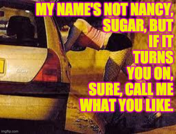 Prostitutes too expensive | MY NAME'S NOT NANCY,
SUGAR, BUT
IF IT
TURNS
YOU ON,
SURE, CALL ME
WHAT YOU LIKE. | image tagged in prostitutes too expensive | made w/ Imgflip meme maker