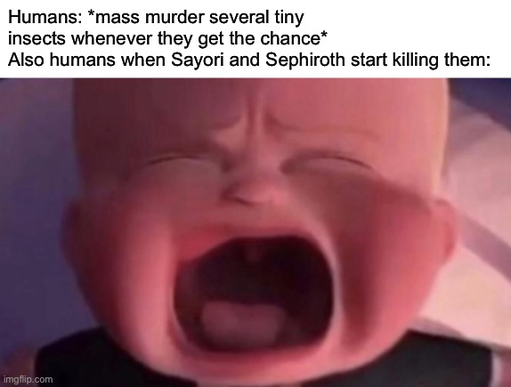 Humans are f**king hypocrites | Humans: *mass murder several tiny insects whenever they get the chance*
Also humans when Sayori and Sephiroth start killing them: | image tagged in boss baby crying,sayori and sephiroth | made w/ Imgflip meme maker
