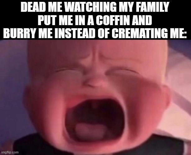 DEAD ME WATCHING MY FAMILY PUT ME IN A COFFIN AND BURRY ME INSTEAD OF CREMATING ME: | image tagged in memes,blank transparent square,boss baby crying | made w/ Imgflip meme maker