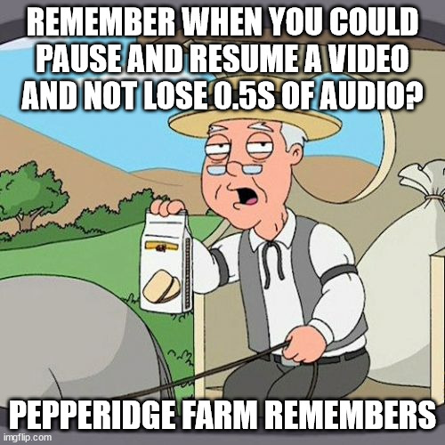 Pepperidge Farm Remembers | REMEMBER WHEN YOU COULD PAUSE AND RESUME A VIDEO AND NOT LOSE 0.5S OF AUDIO? PEPPERIDGE FARM REMEMBERS | image tagged in memes,pepperidge farm remembers,AdviceAnimals | made w/ Imgflip meme maker