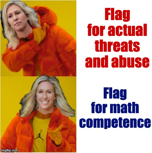 Marjorie Taylor Greene Hotline Bling | Flag for actual threats and abuse Flag for math competence | image tagged in marjorie taylor greene hotline bling | made w/ Imgflip meme maker