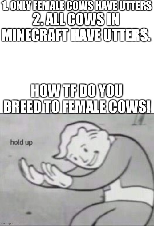 Fallout Hold Up | 1. ONLY FEMALE COWS HAVE UTTERS; 2. ALL COWS IN MINECRAFT HAVE UTTERS. HOW TF DO YOU BREED TO FEMALE COWS! | image tagged in fallout hold up | made w/ Imgflip meme maker