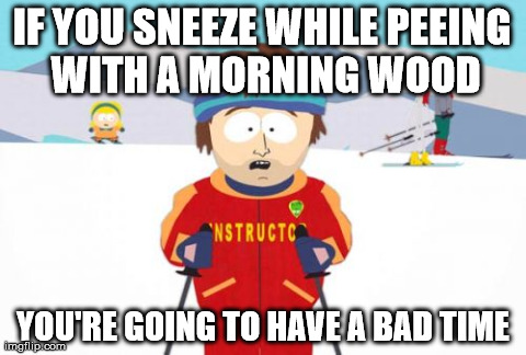 Super Cool Ski Instructor | IF YOU SNEEZE WHILE PEEING WITH A MORNING WOOD YOU'RE GOING TO HAVE A BAD TIME | image tagged in memes,super cool ski instructor,AdviceAnimals | made w/ Imgflip meme maker