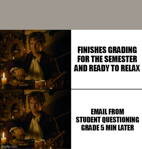 Bilbo ringing bell | FINISHES GRADING FOR THE SEMESTER AND READY TO RELAX; EMAIL FROM STUDENT QUESTIONING GRADE 5 MIN LATER | image tagged in bilbo ringing bell | made w/ Imgflip meme maker