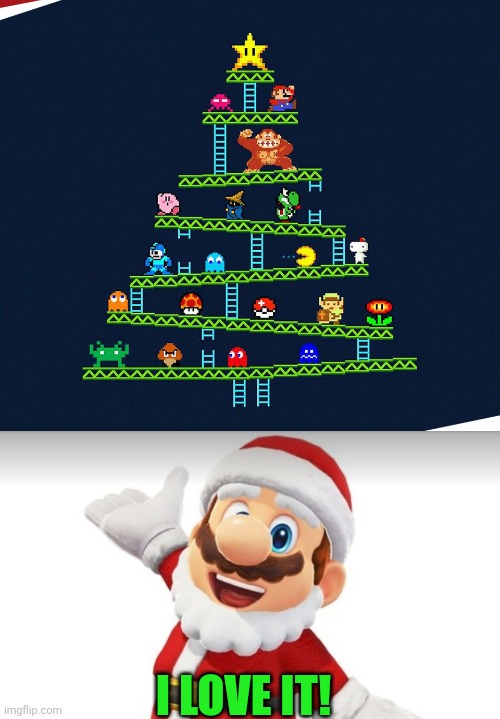 A GAMING CHRISTMAS | I LOVE IT! | image tagged in super mario bros,donkey kong,pacman,kirby,legend of zelda,christmas tree | made w/ Imgflip meme maker