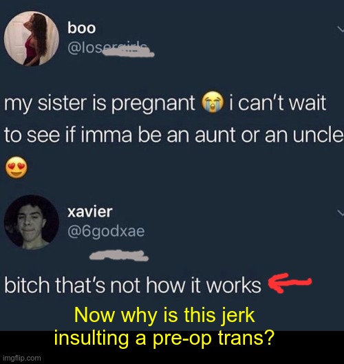 Never Assume! | Now why is this jerk insulting a pre-op trans? | image tagged in transgender,rick75230,pregnant,baby | made w/ Imgflip meme maker