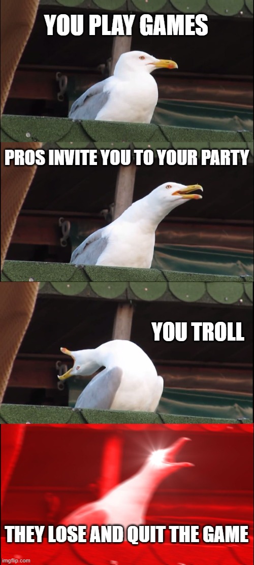 that gonna do some damage | YOU PLAY GAMES; PROS INVITE YOU TO YOUR PARTY; YOU TROLL; THEY LOSE AND QUIT THE GAME | image tagged in memes,inhaling seagull | made w/ Imgflip meme maker